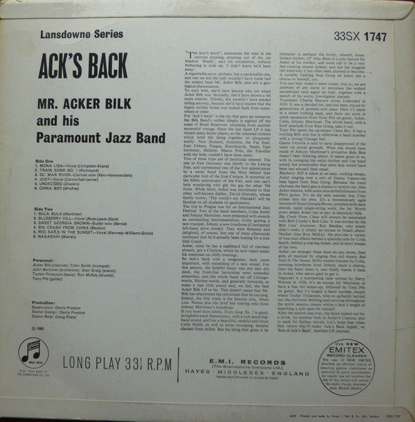 Mr. Acker Bilk And His Paramount Jazz Band – Ack's Back